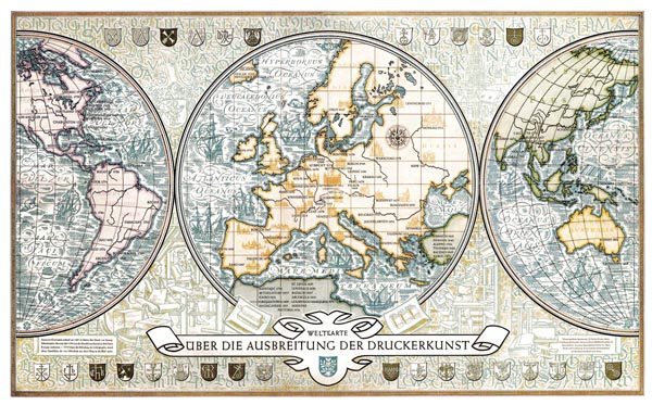 Mapa de Haebler de la introducción de la imprenta en el mundo.